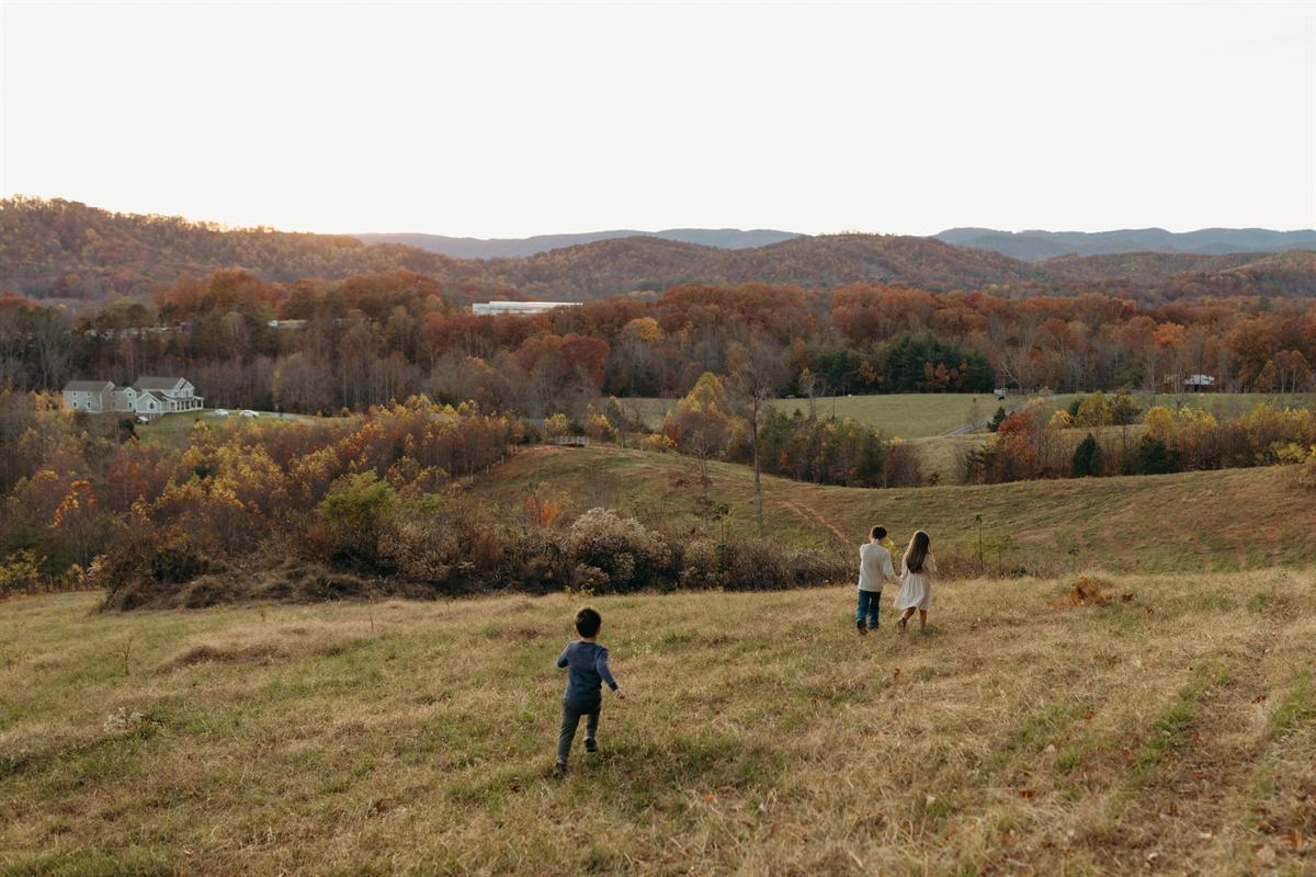 Mountain Valley Farms pasture rolling down to the Blue Ridge foothills at sunset