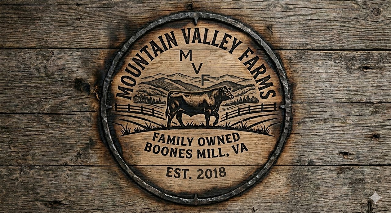 Wood-burned Mountain Valley Farms brand: MVF monogram, a Black Angus on pasture, and Family Owned, Boones Mill, VA, Est. 2018